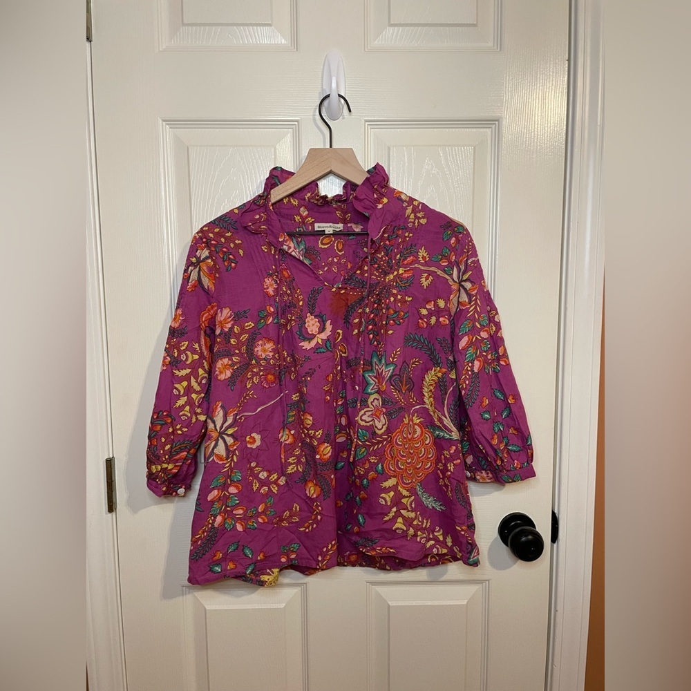 Fitzroy & Willa Purple Floral Puff 3/4 Sleeve Cottagecore Blouse Size Small
